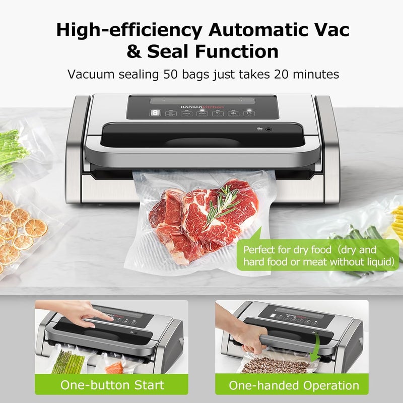 Bonsenkitchen Vacuum Sealer Machine, Powerful Low-Noise Food Vacuum Sealer, Globefish Technology for High-Speed Continuous Working (Full Silver) - Image 2